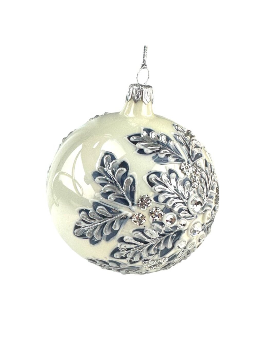 Hand-Painted Ivory Glass Ornament With Silver Glitter & Leaf Design - 10cm Diame